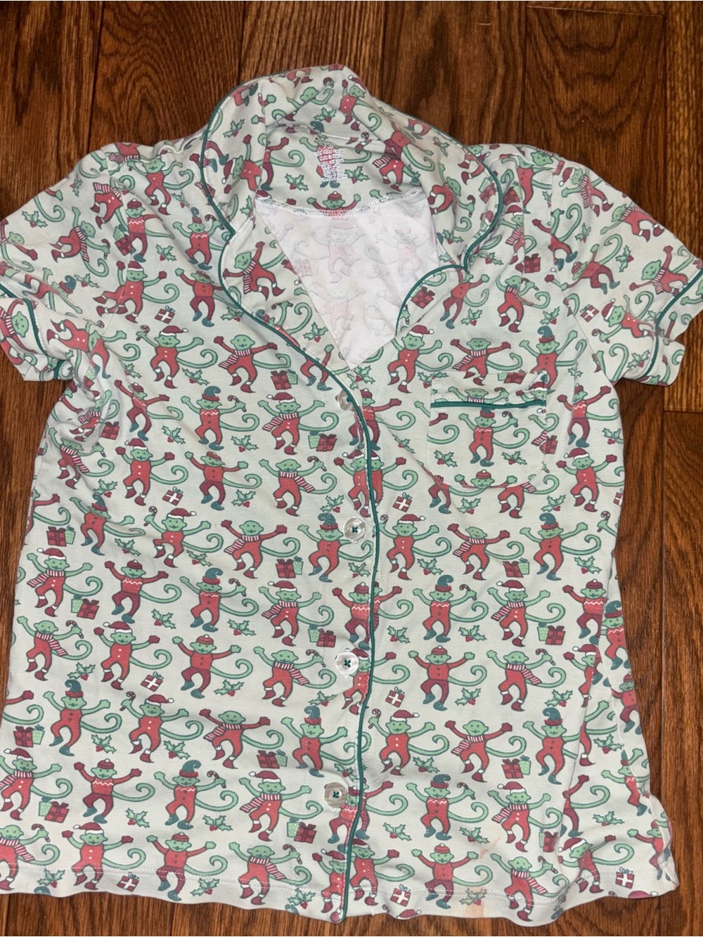 Roller Rabbit Monkey Mas Polo pajama top in a mint green holiday print size XS
